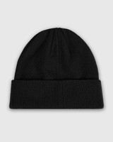A black knit watch cap with a rolled brim, featuring a logo on the side.