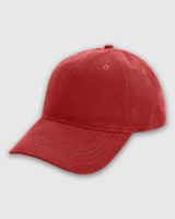 A red cap with a curved brim and a logo, featuring six ventilation eyelets.