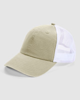 A washed trucker cap in olive green with a white mesh back and a curved brim, featuring a logo.