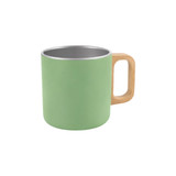 A 400ML stainless steel insulated mug in a pastel green finish with a wooden handle. Features a logo.