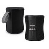 A compact black speaker with a textured exterior and a carrying strap, featuring control buttons on the front.