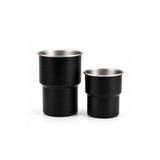A stainless steel camping mug set in black, featuring two sizes: 280ML and 500ML. Both have a sleek, modern design.