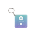 A square acrylic keychain in gradient colours featuring a music playback design and a key ring attachment.