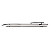 A metal pen in silver with a clip and a sleek design, featuring a logo on its body.