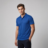 A blue polo shirt for men, featuring a collar and short sleeves, with a logo on it.