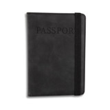 A black passport wallet featuring a secure elastic band and embossed "PASSPORT" detail on the front.