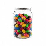 A clear jar filled with assorted jelly beans in vibrant colours, including pink, blue, green, yellow, and black.