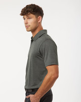 A men's polo shirt in heather melange dark grey with a collar and short sleeves, featuring a logo.