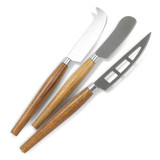 Three cheese knives with metallic blades and wooden handles, featuring various blade shapes and a branding logo.