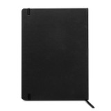 A black A4 diary with a smooth cover and ribbon bookmark, featuring elastic closure and a logo.