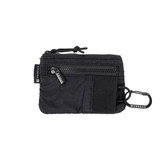 A black pouch wallet featuring a zipper pocket, a Velcro section, and a carabiner clip. It has a logo detail.
