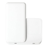 A white 3 in 1 wireless charger with a sleek, minimalist design and a logo on its surface.