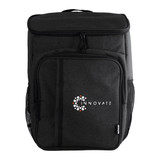 A black backpack with a front pocket, mesh side pockets, and a logo on the front.
