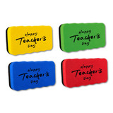 A set of four magnetic foam whiteboard erasers in yellow, blue, red, and green, each with a logo.