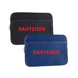 A neoprene laptop sleeve in black and navy, featuring a logo on both colours.