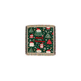 A green tapestry blanket featuring Christmas designs, including trees, snowmen, and festive decorations.