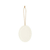 A ceramic ornament in white with a decorative lace-like edge and a gold hanging string.