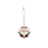 A round ceramic ornament featuring a festive design with red, green, and gold elements, and a golden hanging string.
