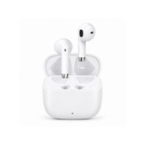 White half in-ear design earbuds in a charging case, featuring a simple design and a logo on the case.