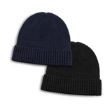 A pair of Merino wool beanies in dark navy and black, featuring ribbed cuffs and a subtle logo.
