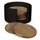 A set of wooden coasters in a black holder, featuring a smooth, round design with a natural finish.