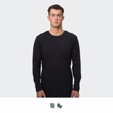 A long sleeve crew shirt in black worn by a model against a plain background. The shirt features a logo.