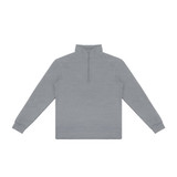 A grey unisex quarter zip jumper with long sleeves and a high collar. It features a central zip and ribbed cuffs.
