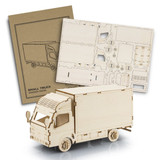 A wooden model of a small truck in natural wood colour, accompanied by a design sheet for assembly. A wooden model of a small truck in natural wood colour, accompanied by a design sheet for assembly.