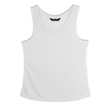 A white women's sports tank top with a rounded neckline and a logo on the label.