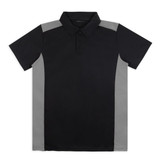 A black polo shirt with grey side panels and a collar, featuring a logo on the chest.