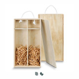 A wooden wine gift box with two compartments, featuring a natural finish and shredded paper inside. A wooden wine gift box with two compartments, featuring a natural finish and shredded paper inside.