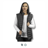 A woman models a black puffer vest with a zip closure, featuring a logo and a high collar. A woman models a black puffer vest with a zip closure, featuring a logo and a high collar.