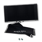 A black golf towel featuring a textured design and a logo. It is folded with a hanging loop. A black golf towel featuring a textured design and a logo. It is folded with a hanging loop.