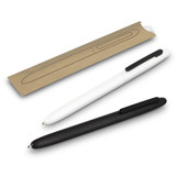 A set of two metal pens, one black and one white, displayed with a kraft paper sleeve packaging. A set of two metal pens, one black and one white, displayed with a kraft paper sleeve packaging.