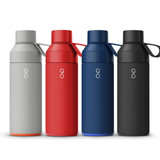 A drink bottle collection featuring grey, red, navy, and black vacuum bottles, each with a carrying handle and a logo. A drink bottle collection featuring grey, red, navy, and black vacuum bottles, each with a carrying handle and a logo.