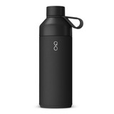 A drink bottle in matte black with a secure lid and a handle, featuring a logo. A drink bottle in matte black with a secure lid and a handle, featuring a logo.