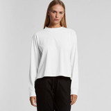 A white long-sleeve t-shirt with a relaxed fit, featuring a logo on the chest. A white long-sleeve t-shirt with a relaxed fit, featuring a logo on the chest.