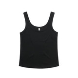 A black soft singlet with a scoop neckline. The design features a fitted style and includes a logo.