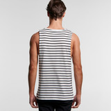 A sleeveless striped singlet featuring black and white stripes, displayed from the back. It has a branding logo.