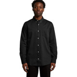 A black button-up denim wash shirt with a collar and long sleeves, featuring a single chest pocket.
