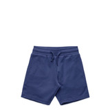 Navy blue kids' shorts with an elastic waistband and drawstring, featuring a branding logo.