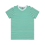 A striped t-shirt featuring green and white horizontal lines, with a rounded neckline and short sleeves. A striped t-shirt featuring green and white horizontal lines, with a rounded neckline and short sleeves.