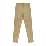 A pair of light khaki slacks with a fitted style, featuring a waistband and front pockets. The product has a logo. A pair of light khaki slacks with a fitted style, featuring a waistband and front pockets. The product has a logo.