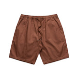 Brown dress shorts with an elastic waistband and dual side pockets. The shorts feature a branding logo.