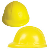 A yellow hard hat stress reliever with a smooth, rounded shape and detailed texture on the top.