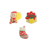 Three colourful clog shoe charms featuring a Santa character, a gift box, and a Christmas stocking.
