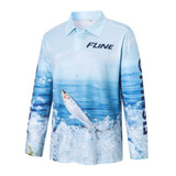 A light blue long-sleeve polo shirt featuring a fishing design and a logo on the sleeve.