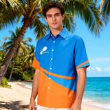 A men's 100% cotton button-up shirt in blue and orange, featuring a logo, set against a tropical beach background.