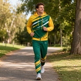 A pair of green and yellow 100% polyester sublimated pants with sporty stripes and a logo.