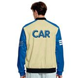 A unisex varsity jacket in cream and blue with a logo on the sleeve and text on the back.